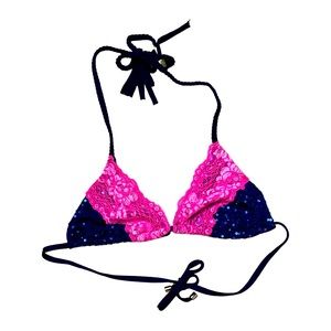Beach Bunny Lady Lace Sequin Bikini top Blue with Pink Trim Size Xs